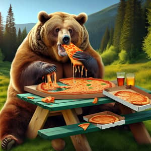 Amusing Scene of Brown Bear Indulging in Pizza Feast