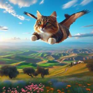 Flying Cat Over Spain: Enchanting View of Green Hills & Flower Fields