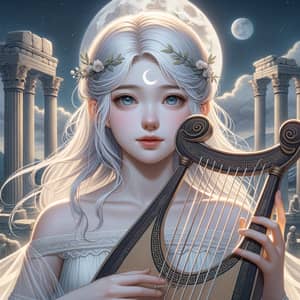 Young Woman Playing Greek Lyre in Serene Moonlit Setting
