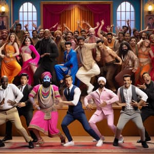 Dynamic Bollywood Parody - Diverse Cast on Vibrant Stage