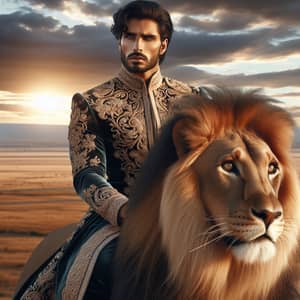 Middle Eastern Man Riding Lion - Traditional Garments