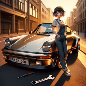 Vintage 1980 Porsche 911 Turbo S on Quiet City Street with Anime-Style Character