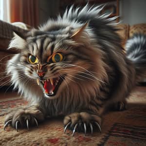 Fierce Domestic Feline in Defensive Stance - Gray Striped Cat