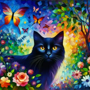 Majestic Black Cat in Vibrant Garden - Impressionistic Artwork