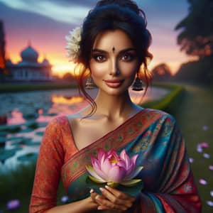 Elegant South Asian Woman in Colorful Sari at Twilight