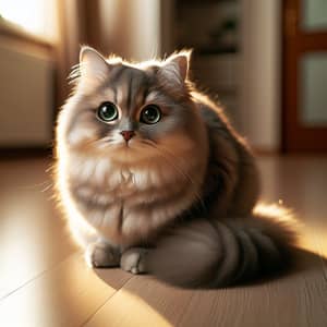 Grey Fluffy Domestic Cat Sitting on Wooden Floor