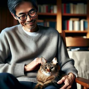 Asian Man with Cat on Lap - Heartwarming Moment