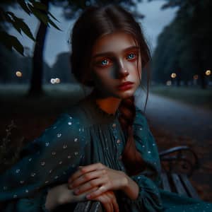 Melancholic Girl Sitting on Wooden Bench in Dimly Lit Park