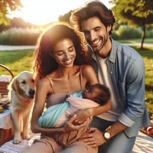 Loving Family Outdoors: Heartwarming Scene with Mother, Father, and Baby