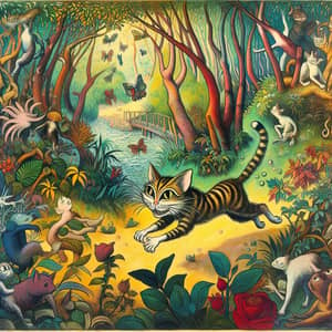 Whimsical Feline Creature in Nature - Henri Rousseau-inspired Art