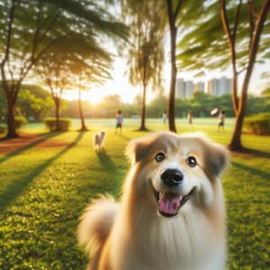 Cheerful Fluffy Dog Enjoying Golden Sunlight in Park