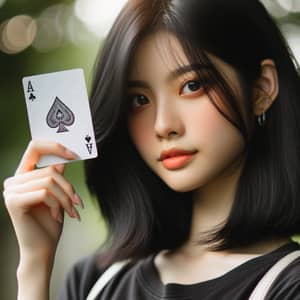 Asian Girl with a Poker Ace Card - Victory and Determination