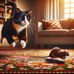 Playful Cat Chasing Brown Rat in Cozy Living Room