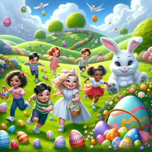 Picturesque Easter Scene with Kids, Bunny, Eggs & Toys