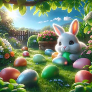 Enchanting Easter Scene with Vibrantly Colored Eggs and Fluffy Bunny