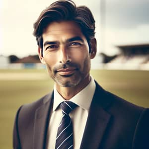 Middle-Aged South Asian Man in Formal Attire | Cricket Field