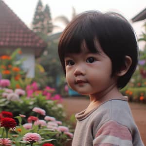 Young Child Playing in Colorful Flower Garden | Website Name
