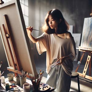 Asian Woman Creating Masterpiece in Modern Art Studio