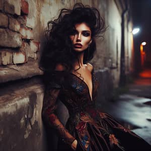 Latinx Woman on Dark Street: Mysterious Beauty in Urban Setting