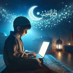 Middle-Eastern Child Studying on Laptop Under Ramadan Mubarak Night Sky