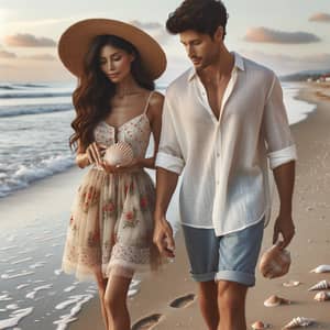 Romantic Beach Stroll: Hispanic Woman & Caucasian Man at Sunset
