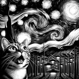 Mesmerized Cat and UFOs in Post-Impressionist Illustration
