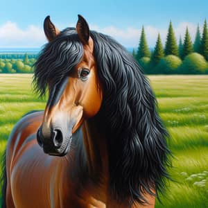 Beautiful Mare in Lush Green Meadow - Oil Painting Art