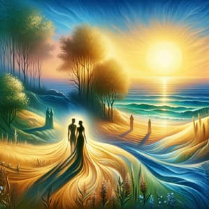 Sunlit Landscape by the Tranquil Sea: Love Silhouettes at Sunset