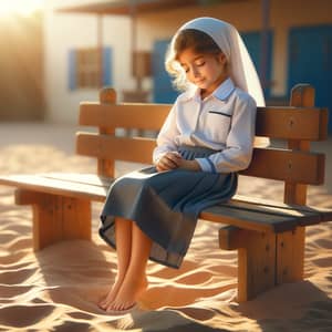 Tranquil Middle-Eastern Schoolgirl on Bench | Peaceful Schoolyard Scene