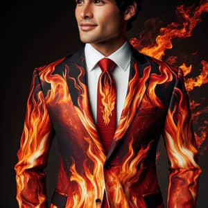 Stylish Men's Suit of Recycled Materials with Fire-Themed Design