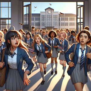 Diverse Schoolgirls Escaping from Imposing School Building