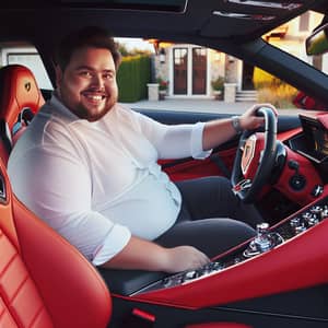 Overweight Man Enjoying Luxury Ride in Red Lamborghini