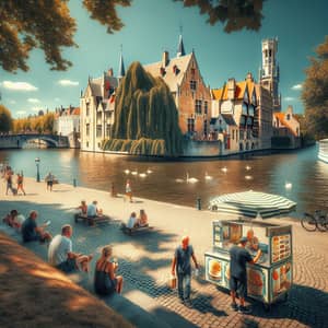 Sunny Summer Scene in Bruges with Enigmatic European Old House