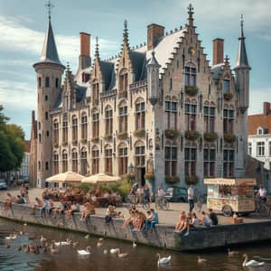 Scenic Bruges Waterfront: European House, Stone Embankment, and Local Vendors