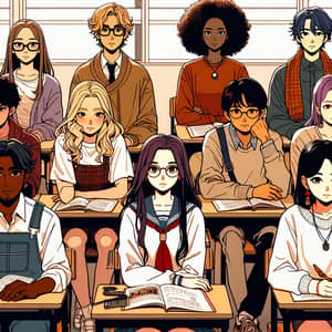 Diverse University Students in Anime-Style Classroom Illustration
