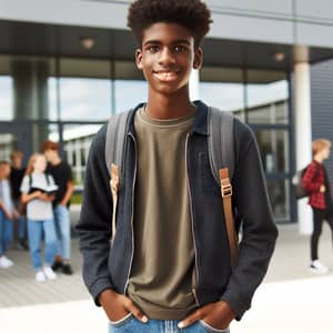 Confident Black Teenage Student Outside High School