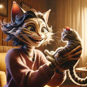 Exuberant Cat-Like Character with Realistic Tabby Cat | Delightful Scene