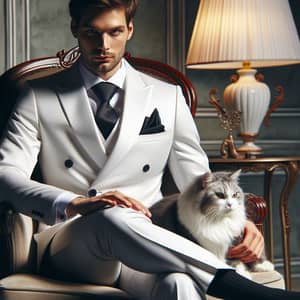 Man in White Formal Suit Sitting with Cat on Lap