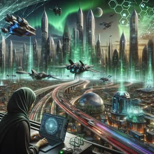Futuristic Virtual World: Skyscrapers, Spaceships, Robots