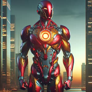 High-Tech Red and Gold Suit Standing Heroically Against Cityscape