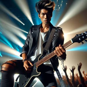 Asian Male Musician Rocking Out on Stage with Electric Guitar