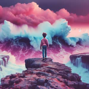 A Boy Reaching for the Sky on a Pink Cliff