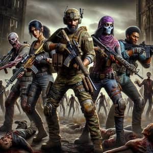 Post-Apocalyptic Video Game with Diverse Soldiers Battling Zombies