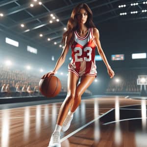 Brunette Woman in Red Basketball Uniform | Spectacular Indoor Game
