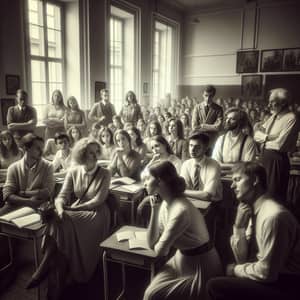 Educators in Vintage Classroom: Candid Interactions, Henri Cartier-Bresson Style