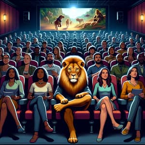 Diverse Audience in Cinema with Majestic Lion | Adventure Scene