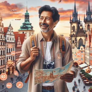 South Asian Man Enjoying European Town: Budget Travel Experiences