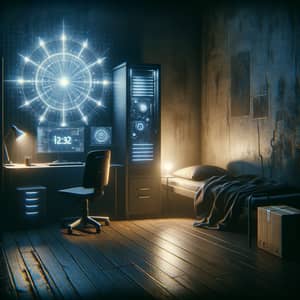 Mysterious Room with Desktop Computer and Single-Person Bed