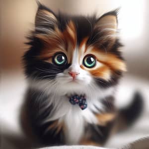 Adorable Small Domestic Cat with Swirling Black, White, and Orange Fur