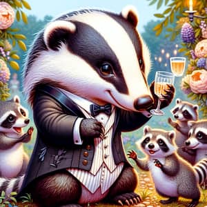Charming Badger in Wedding Suit with Raccoons Toasting